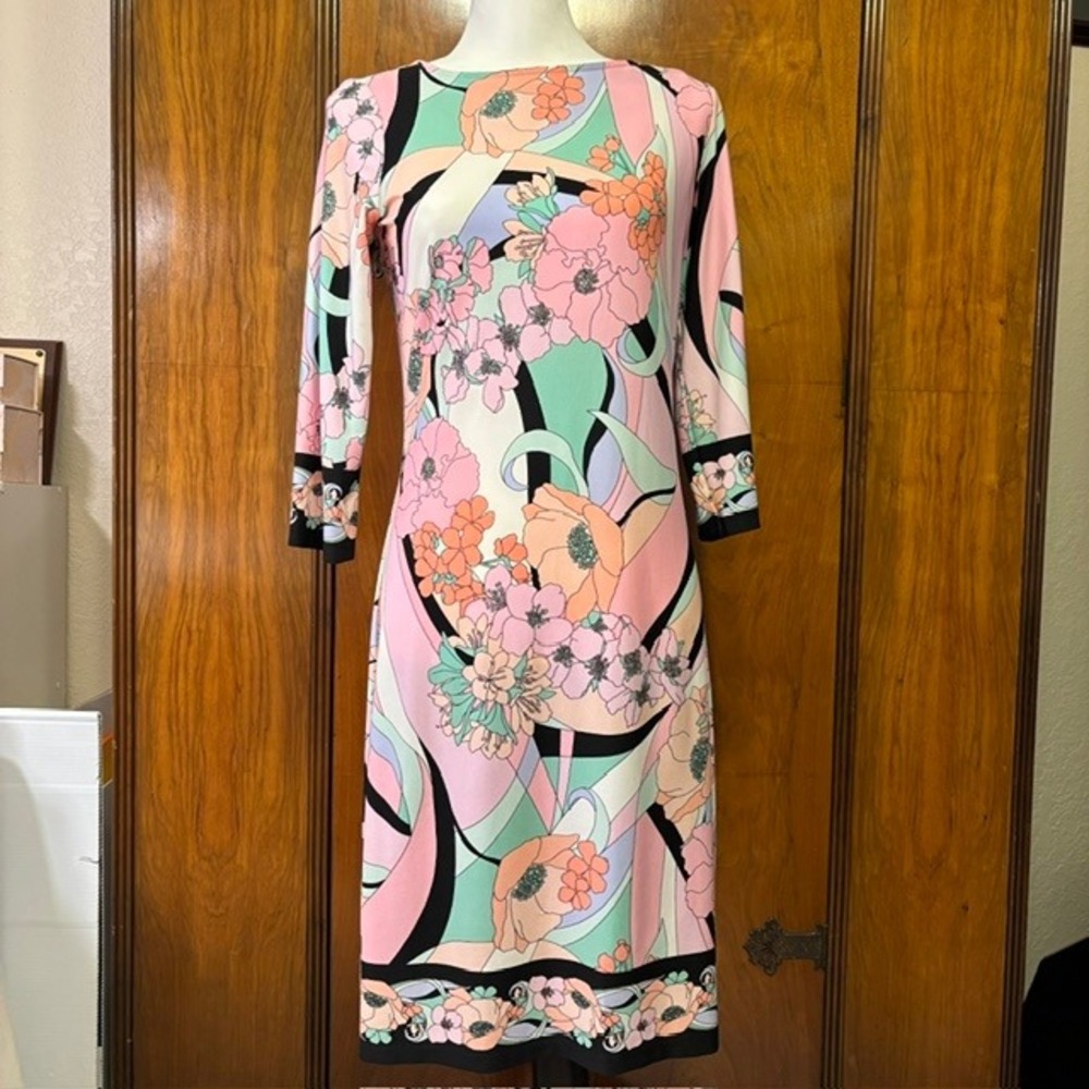 London Times Pink Floral Psychedelic 60s Style Sheath Dress 3/4 Sleeve Size 4